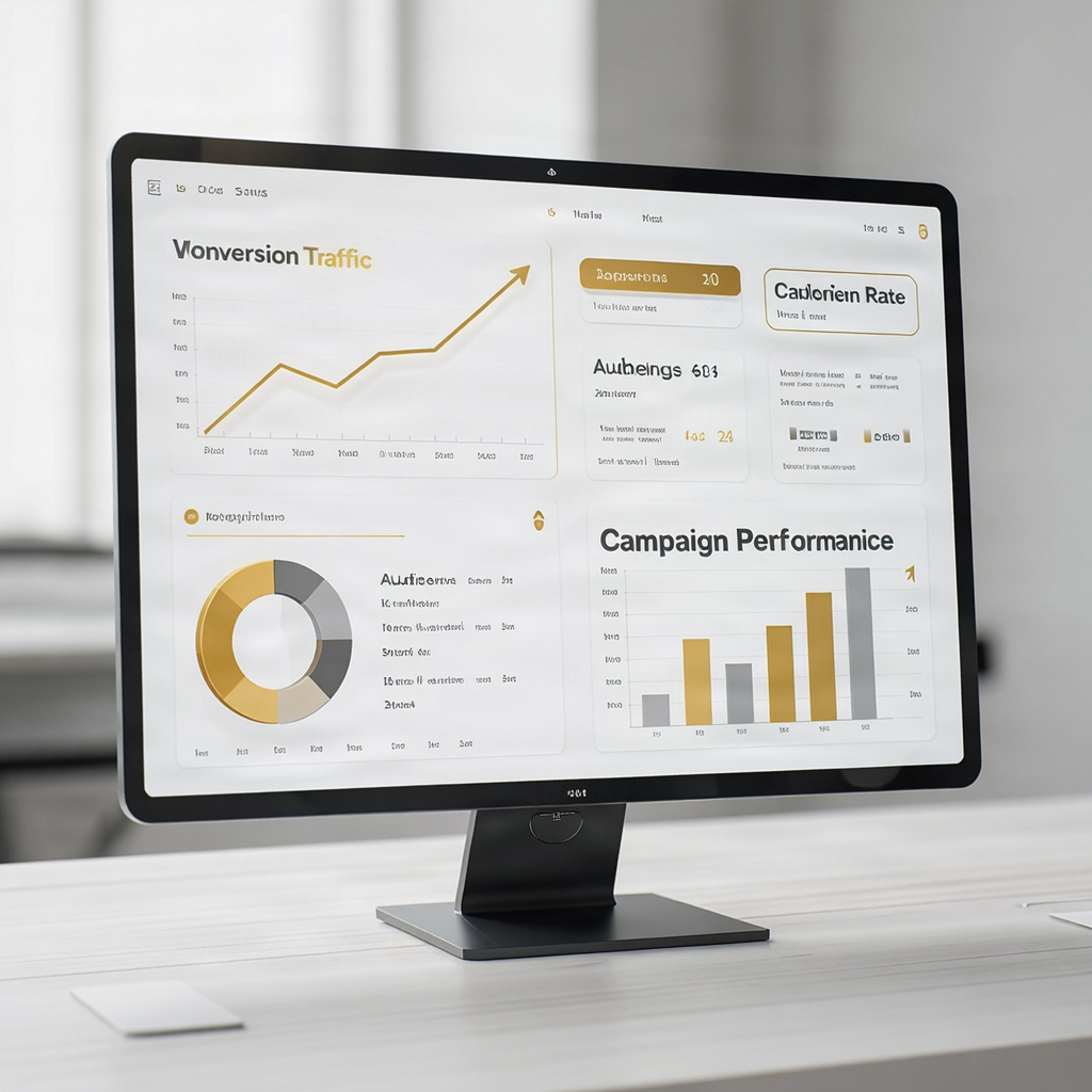 Digital marketing metrics display with gold highlights on white.